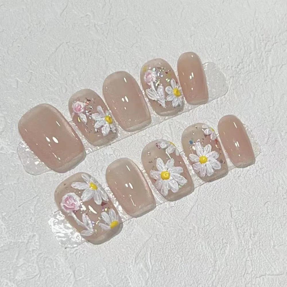 Summer Sweetheart Handmade Full Cover False Nails Kawaii Cartoon Cat Flower Cat Eye Short Square Reusable Fake Nail Stickers