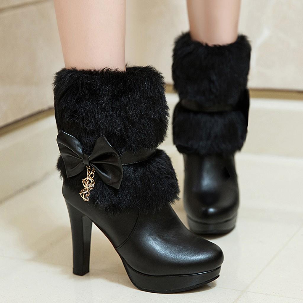

Женские милые ботинки с молнией сбоку, повседневные высокие сапоги на платформе с бантом и ботильонами 41 чёрный