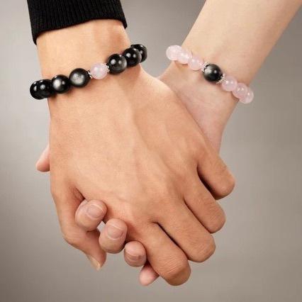 Unisex Couple Bracelet 2Pcs Rose Quartz Obsidian Geometric Beads Small Fresh Accessory Anniversary Souvenir