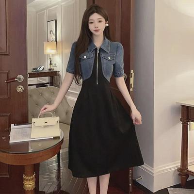 2024 Women's Puff Sleeve Denim Splice Slim Two-Piece Dress