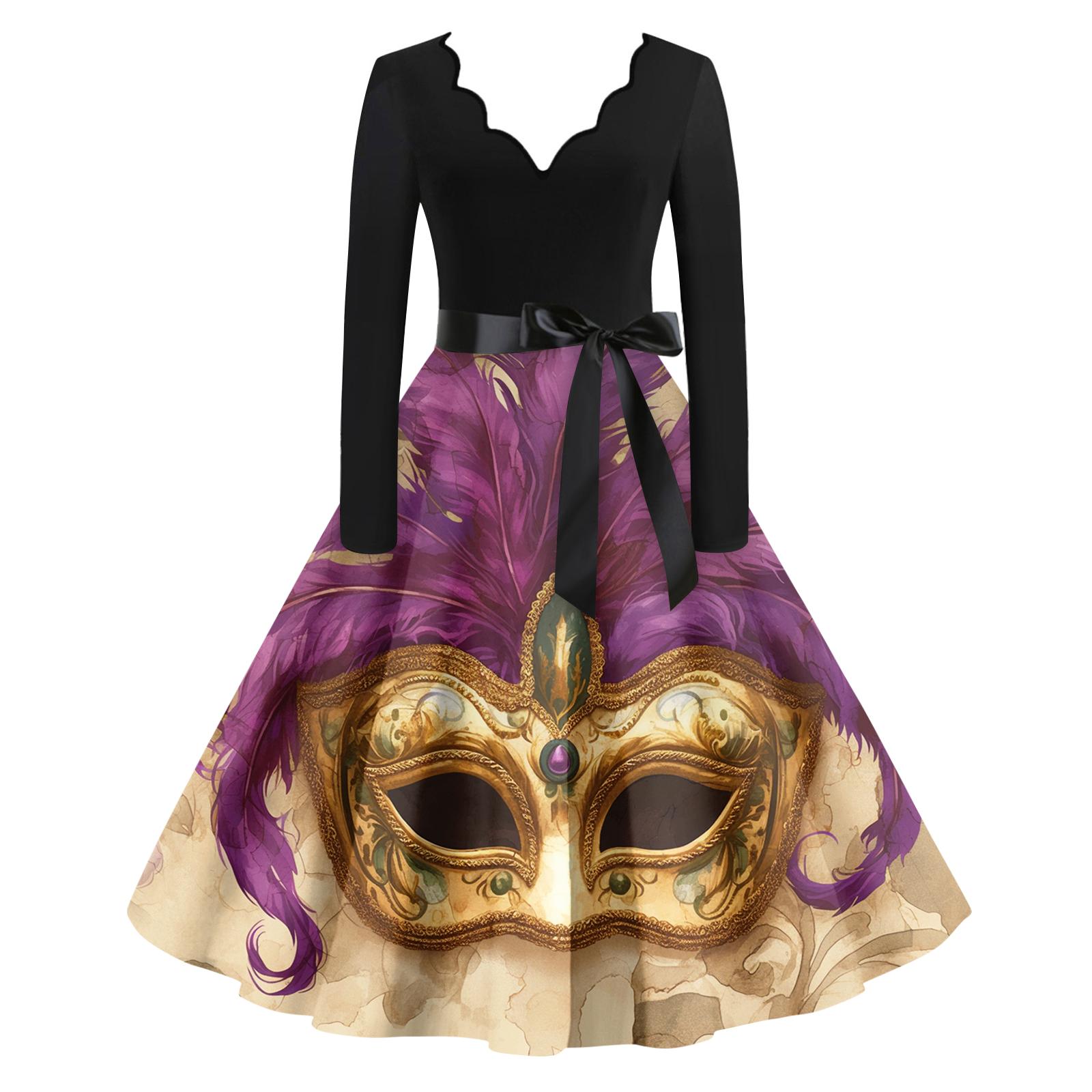 

Женское повседневное модное платье с V-образным вырезом и длинным рукавом с принтом в винтажном стиле XL