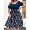 Damska Modna i Trendy Sukienka z Krótkim Rękawem i Okrągłym Dekoltem z Nadrukiem w Talii w Dużym Rozmiarze