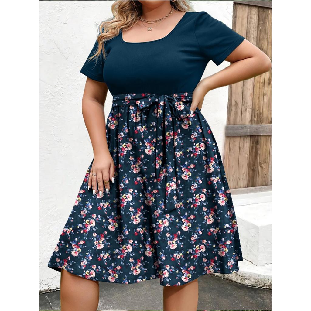 Damska Modna i Trendy Sukienka z Krótkim Rękawem i Okrągłym Dekoltem z Nadrukiem w Talii w Dużym Rozmiarze