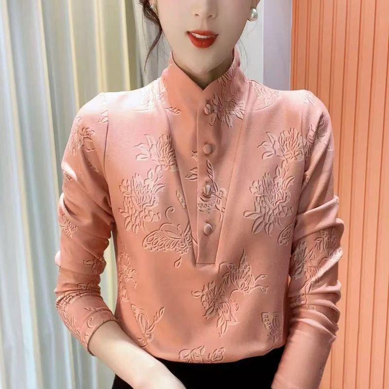 

Стильный и теплый бархатный топ с длинными рукавами и принтом «Трехмерный темперамент» с полувысоким воротом для женщин 3XL розовый