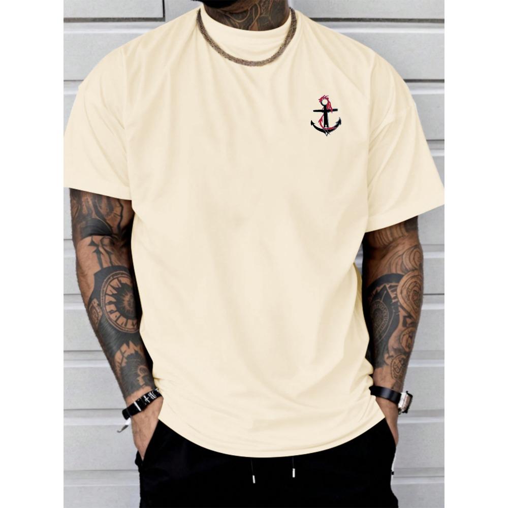 Men's Summer Cotton Fashionable Sports Dragon and Boat Anchor Pattern Printed Round Neck Short Sleeved T-shirt