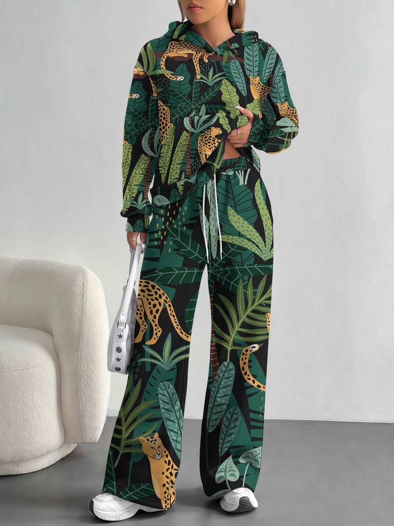 European, American Autumn And Winter Casual Retro Flower Long-Sleeved Suit Women'S Hooded Sweater Trousers Two-Piece Set