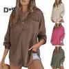 Women Tops Lapel Buttons Half Placket Long Sleeve Pullover Tops Solid Color Waffle Texture Stretchy Blouse Daily Wear