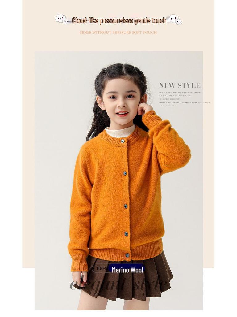 Kids' Pure Wool Round Neck Cardigan - Autumn & Winter Thick Sweater for Boys & Girls