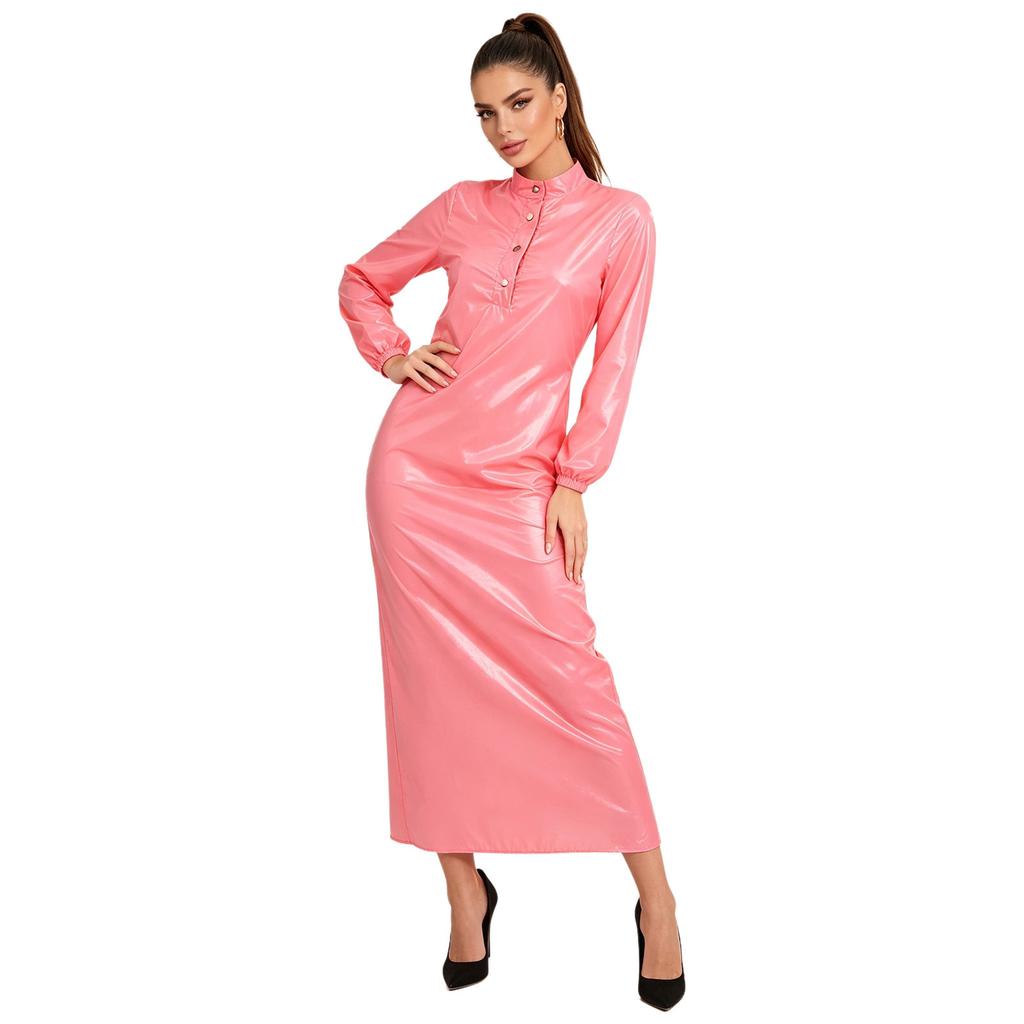 Knopfleiste Stehkragen Langarm Vinyl Überwurf Kleid Wasserdicht Nachtwäsche Badebekleidung Clubwear für Damen Rave Party
