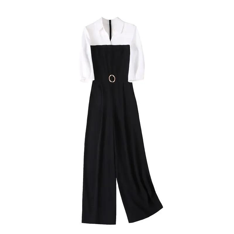 Spring and Summer Black Jumpsuit Women's Korean Casual Temperament Wide-leg Jumpsuit Shirt One-piece Suit