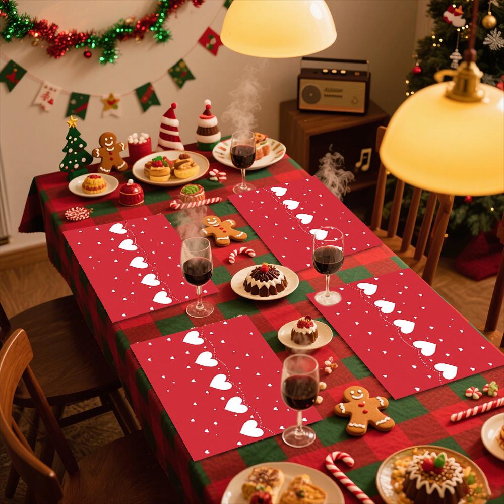 1pc or 4/6pcs Heart-Shaped Placemats - Red & Heart Pattern with Deer & Snowflake Design, Heat-Resistant Polyester Table Mats for Valentine'S Day
