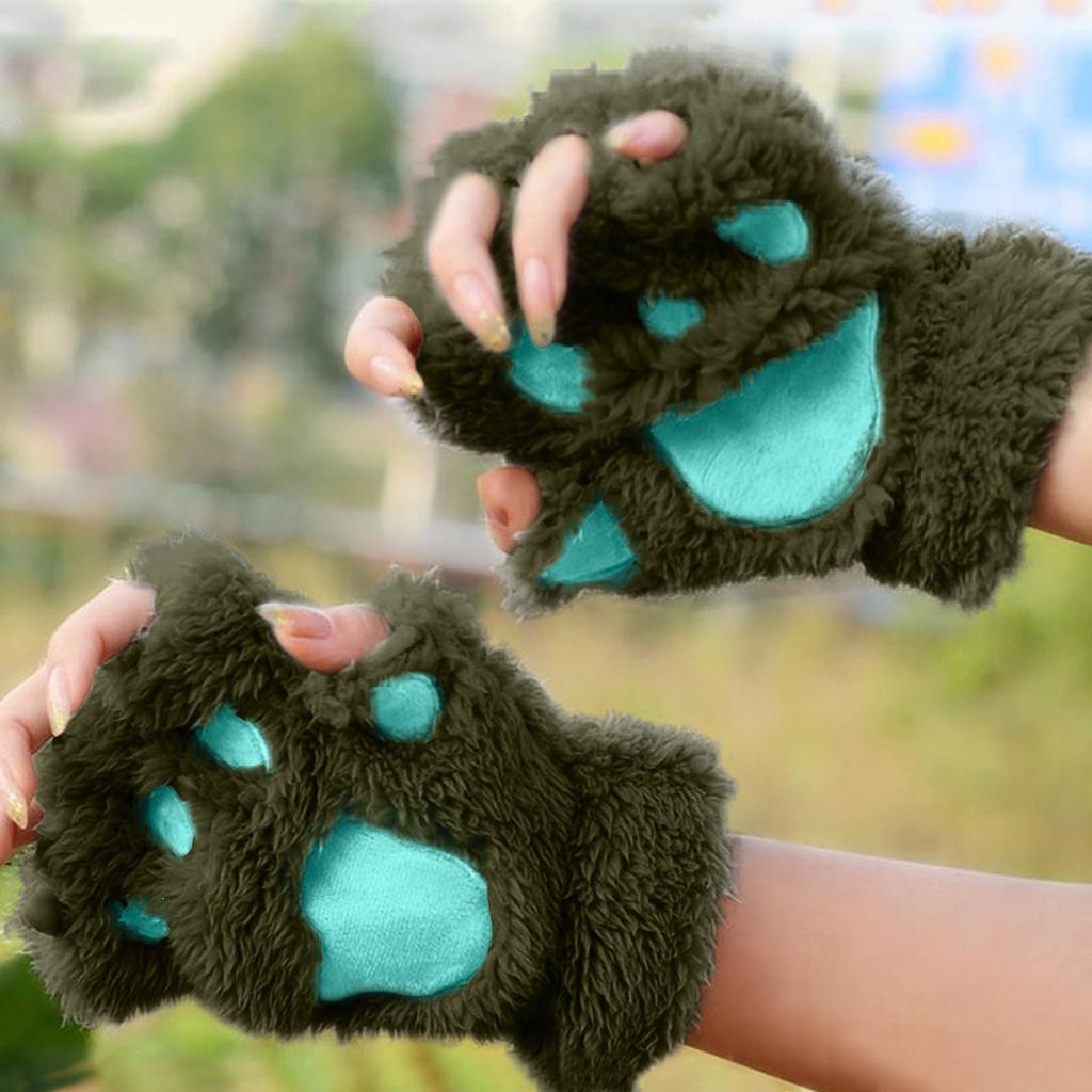 Cute Cat Claw Gloves Women Girls Thickened Plush Mittens Lovely Bear Paw Exposed Fingers Half Finger Winter Warm Hand Warmer