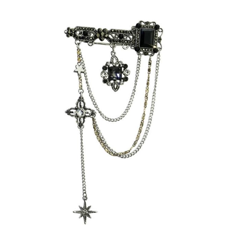 

Брошь-подвеска с черным камнем, кисточкой и цепочкой, булавка на лацкан, брошь-цепочка с кисточкой-звездой, украшение Y2K для эгерл, женщин, девушек, подростков 1