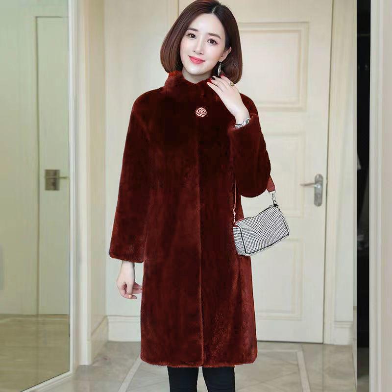Autumn and winter fur coat women's mid-length imitation mink coat mink fleece plus size women's stand-up collar slim jacket