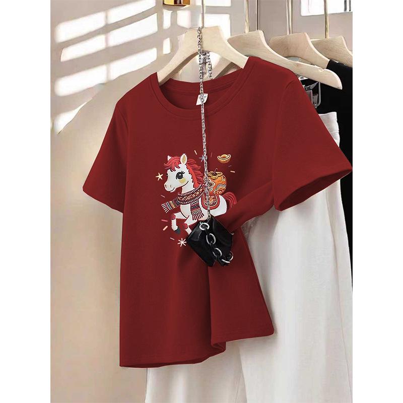 Crimson Year of the Rat Lucky Color Women's Thickened Round Neck Short Sleeve T-Shirt for Spring and Autumn