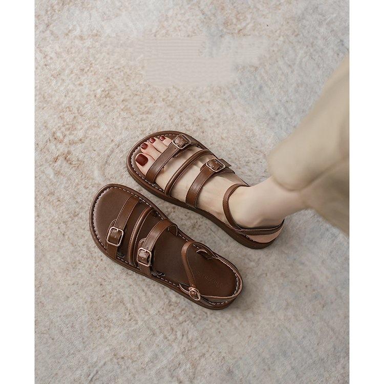 Flat-soled Sandals Women's 2025 New Summer Outer Wear Belt Buckle One-word Open-toed Roman Shoes Soft-soled Fashion Beach Shoes