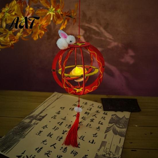 Lantern with Rabbit DIY Kit for Mid-Autumn Festival, Hollow Wooden Rotating Ring Hand Painted Lanterns Rabbit, Handmade LED Candle Toy Tassels