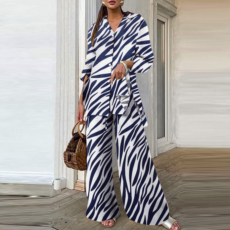 

ZANZEA Женский Блузка с длинным рукавом и брюки Повседневный костюм-двойка с принтом 5XL темно-синий