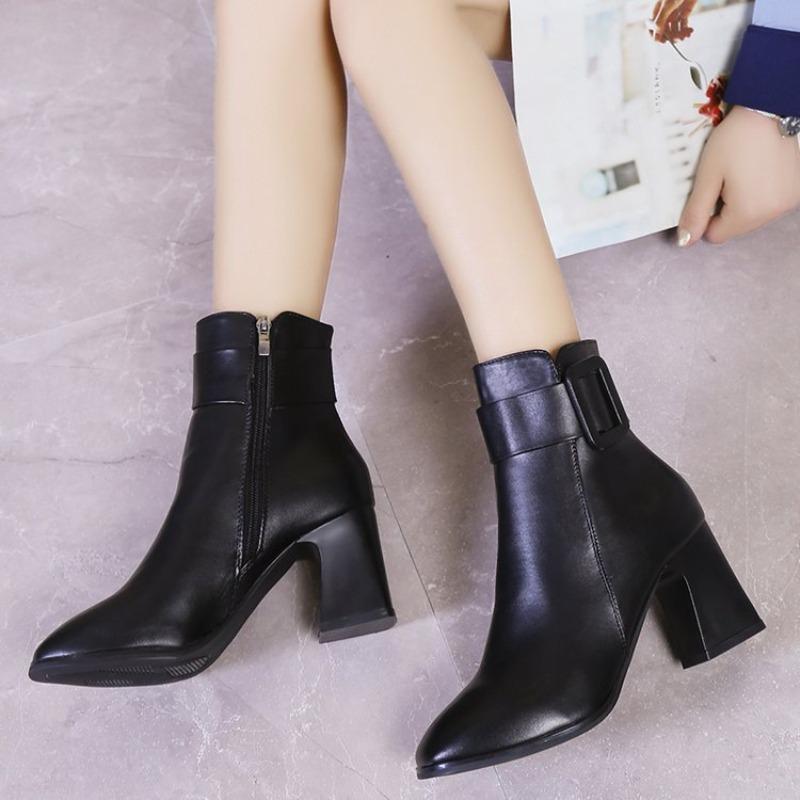 Fashion White Black Thick High Heel Ankle Boots Women Pointed Toe Keep Warm Elegant Short Booties Ladies Ankle Buckle Decoration