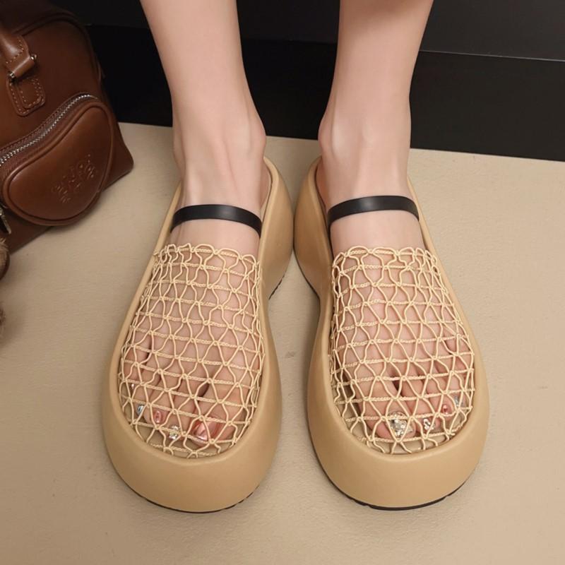 Fashion Vintage Mesh Cut-Out Closed Toe Platform Sandals Women Chunky Wedge Heel Beach Resort Slippers Summer Single Strap Outdoor Shoes