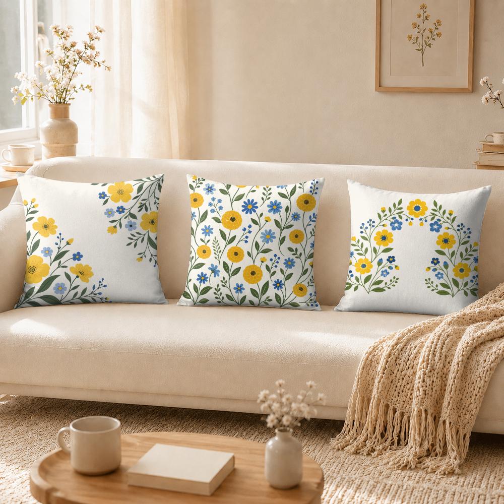 Yellow Blue Wildflower Pillow Case Organic Short Plush Cushion Covers Breathable Washable WrinkleResistant