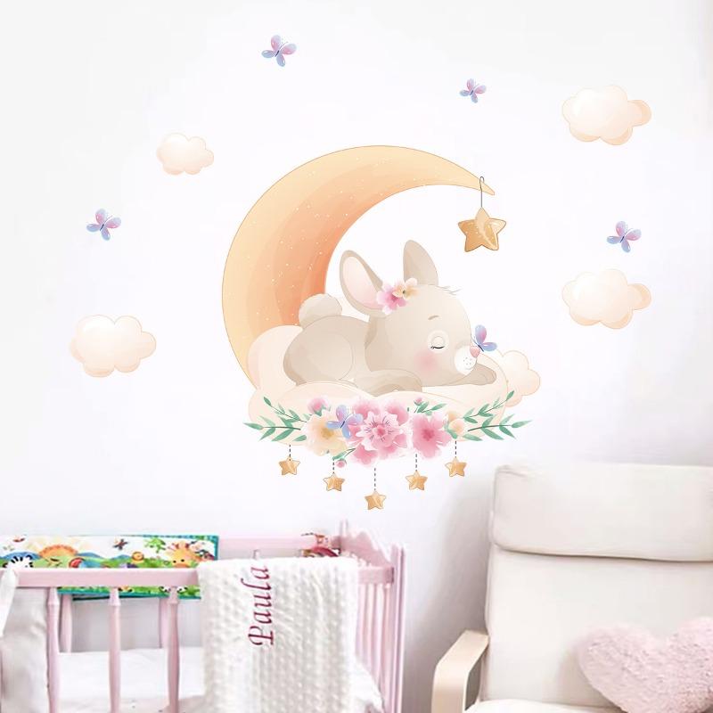 Cartoon Cute Animals Moon Cat Rabbit Wall Stickers for Kids Room Background Bedroom Decoration Girls Home Decor Living Room