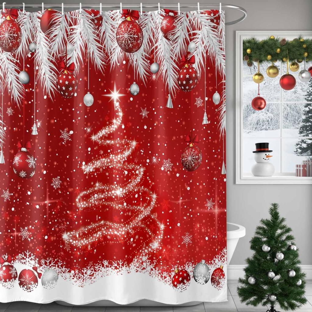 Christmas Shower Curtain Winter Snowy Landscape Forest Shower Curtain Xmas Pine Tree Bath Curtain with Hooks Home Bathroom Decor