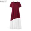 ZANZEA Women Casual Round Neck Short Sleeve Print Ruffled Patchwork Dress