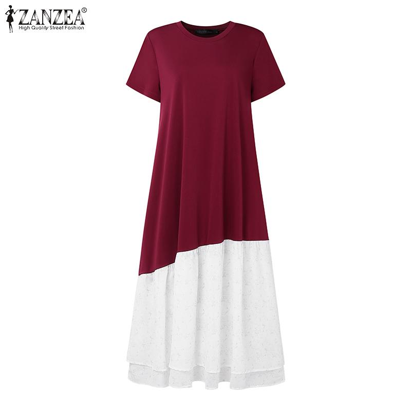 ZANZEA Women Casual Round Neck Short Sleeve Print Ruffled Patchwork Dress