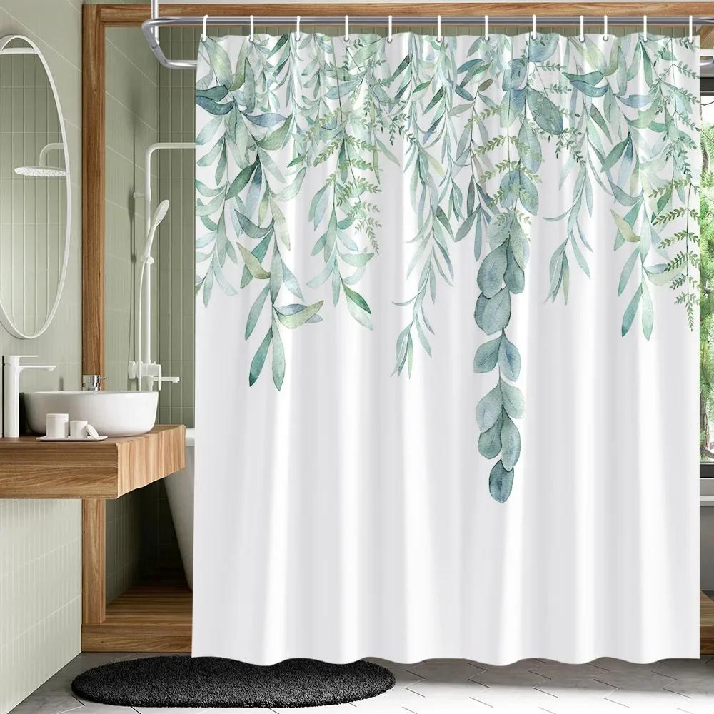 Plant Leaves Flower Bath Curtains Set Garden Floral Drum Tower Fabric Bathroom Decor Splash Resistant Partition Bath Curtains