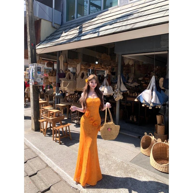 

Beautiful French Three-dimensional Flower Sexy Slim Tube Top Slim Hip Dress Seaside Vacation Photo Woman L