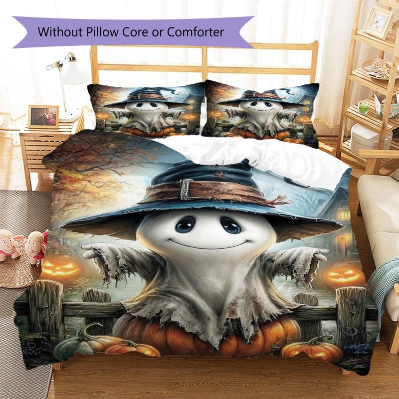 Cute Ghost Witch Hat Pumpkin Halloween Art Print 3‑Piece Bedding Set Duvet Cover With Pillowcases for Bedroom Holiday Home Decor