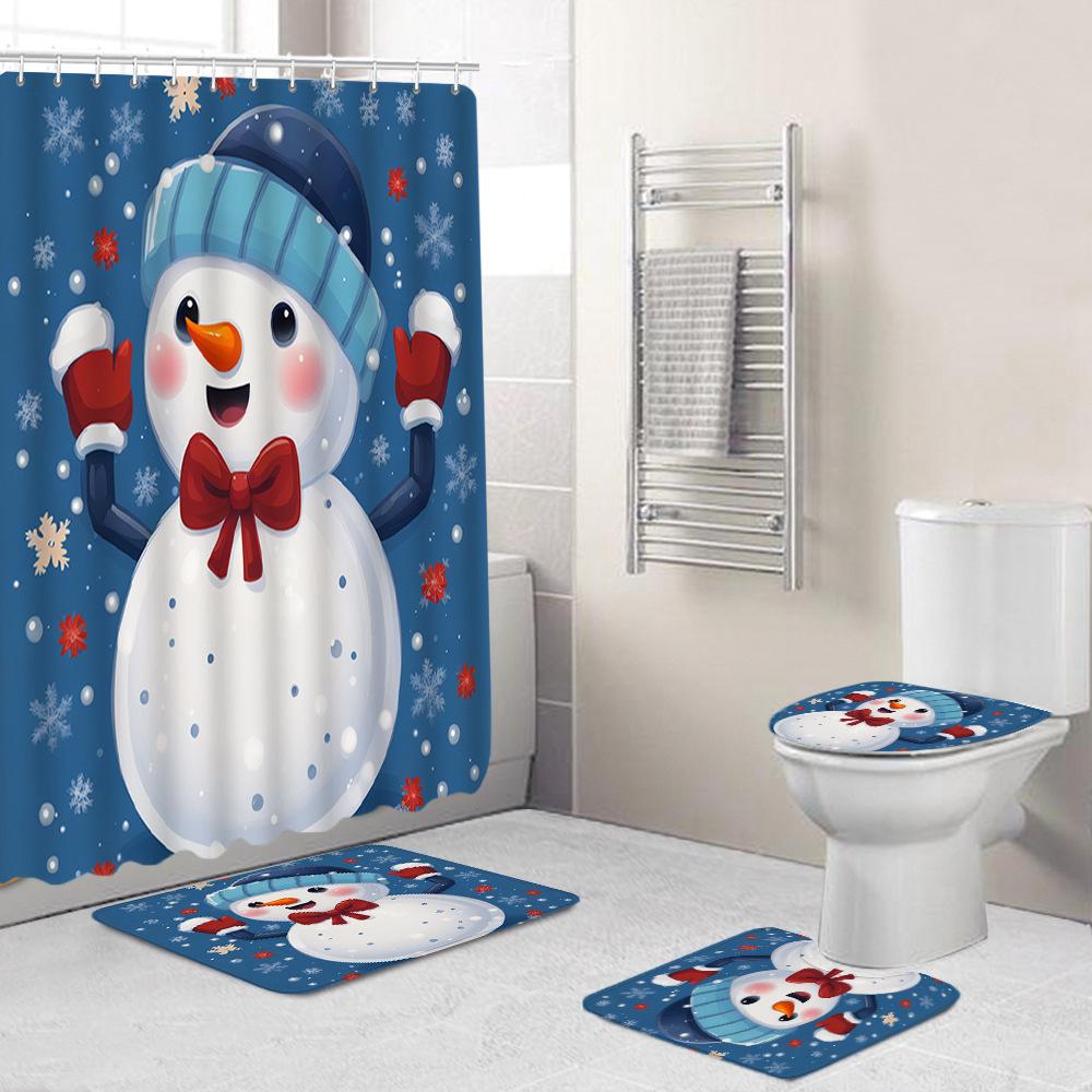 Christmas Toilet Cover Shower Curtain Floor Mat Set Santa Carpet Door Mat Foot Mat Non-Slip Mat