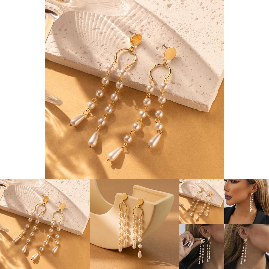 Elegant Asymmetric Tassel Earrings With Faux Pearl Geometric Design For Women