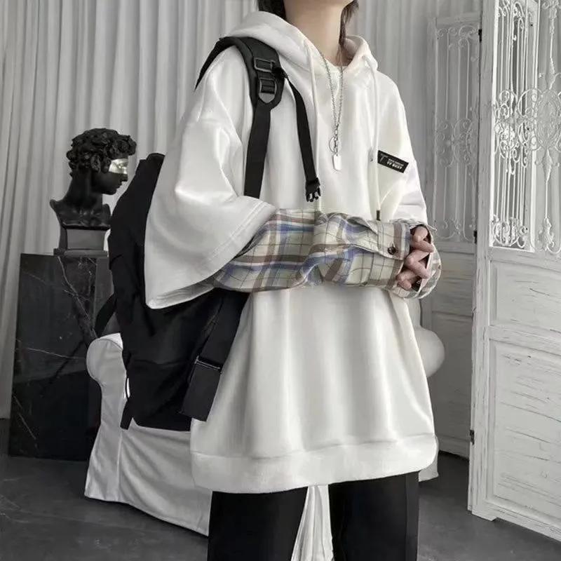 Abbigliamento da uomo Felpe Finte Due Pezzi Patchwork a Quadri con Cappuccio Top Oversize Abbigliamento per Donna Harajuku Felpa Casual