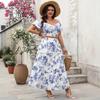 Spring and Summer Women's Casual Printed Large V-neck Top and Long Printed Skirt Set