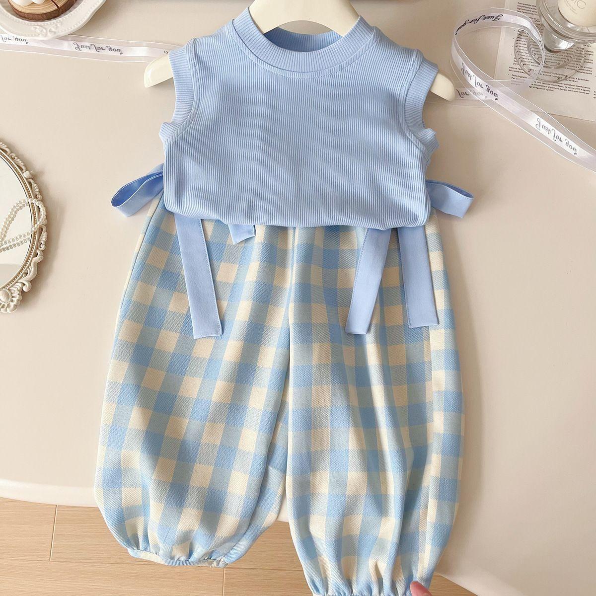 Summer Girls Plaid Bow Vest Set Baby Stylish Casual Two Piece Outfit Kids Fashionable Trendy Clothing 90cm