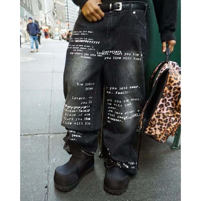 Mens Relaxed Fit Washed Denim Jeans With Vintage Letter Print Streetwear Wide Leg Trousers
