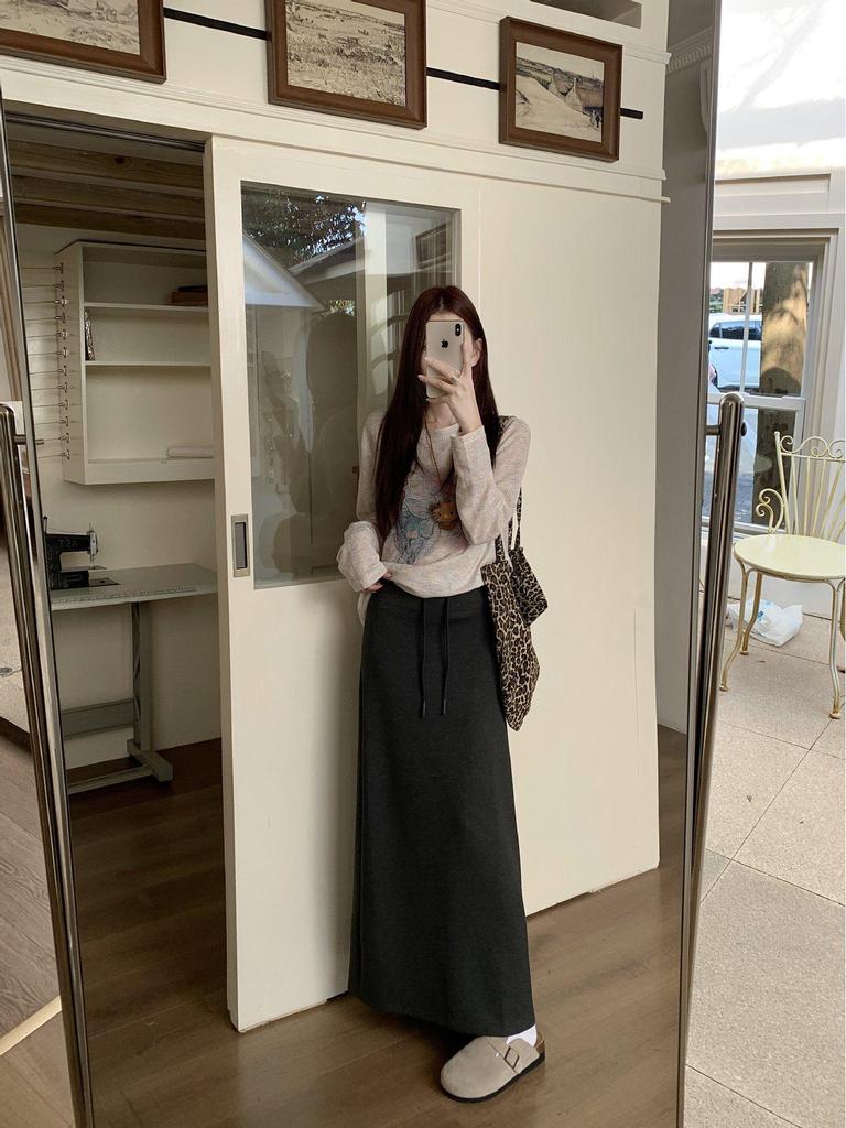 Retro Grauer Schnür-Schlankheits-Halbrock für Damen - Elastischer Bund, Gerader Schnitt, Hüftbetontes Design, Perfekt für den frühen Herbst 2025.