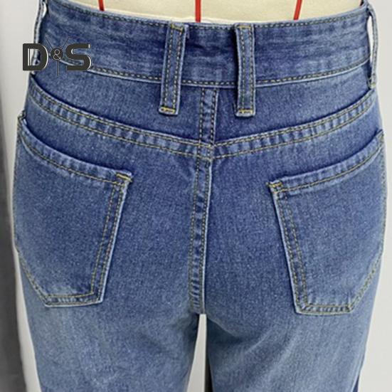 Damen-Jeans mit Taschen, hoher Taille, zerrissen, einfarbig, lange Hose, gerade Hose mit weitem Bein für den täglichen Weg zur Arbeit