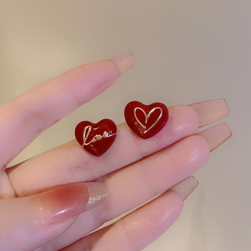 Drip Glaze Asymmetric Peach Heart Earrings Women's Light Luxury Senior Sense Fashion Design Versatile Everyday Ear Jewelry