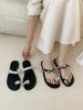 Rhinestone Slippers Women Summer Fashion One-word Drag Square Head Flat Bottom Vacation Travel Beach pearls Sandals and Slippers