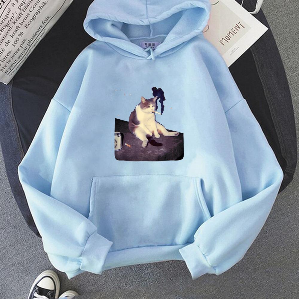 Funny Smoking Cat Meme Hoodies Cigarette Cat Cartoon Print Sweatshirt Cat Lover Unisex Pullover Stupid Brainrot Gift Streetwear Men women Anime jacket