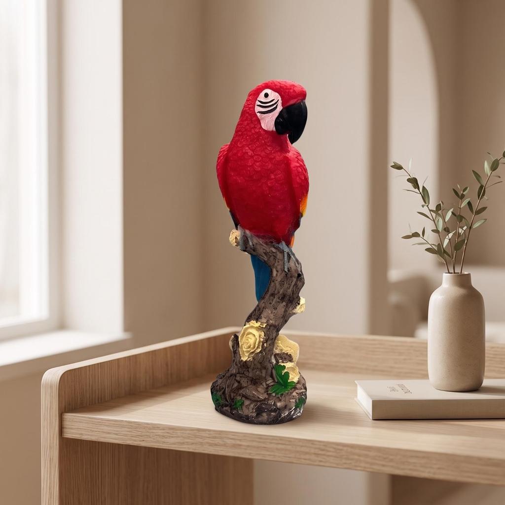 Parrot Figurine with Tree Trunk Base Vibrant Carved for Garden