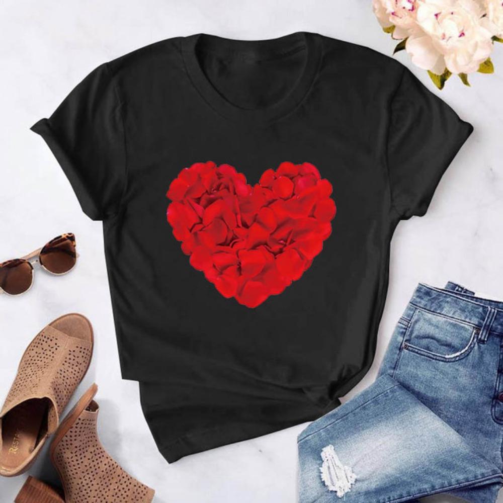 Damen Damen Casual Basis O-Ausschnitt weißes Hemd Kurzarm Damen T-Shirt Liebe Grafikdruck