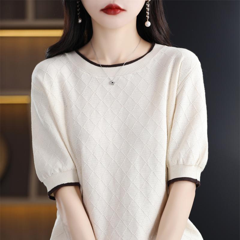 Cotton Thread Pullover Women Short Sleeved Round Neck T-shirt Color Blocked Diamond Shape Thin Knit Bottoming Shirt Simple Casual Commut Spring Autumn
