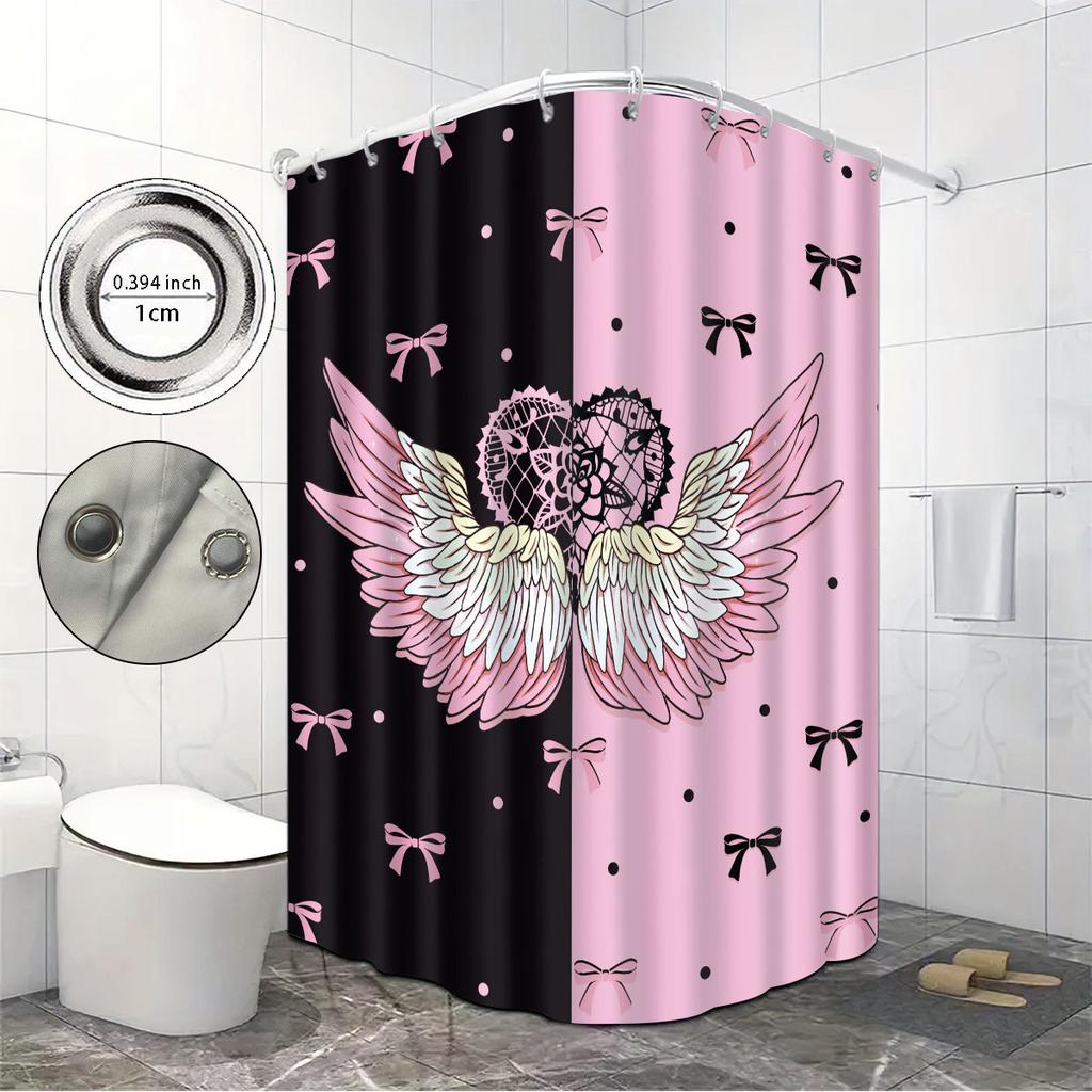 1Pc Black White Angel Wing Print Waterproof Shower Curtain Bathroom Partition Privacy Multiple Sizes 12 Hooks Easy To Install
