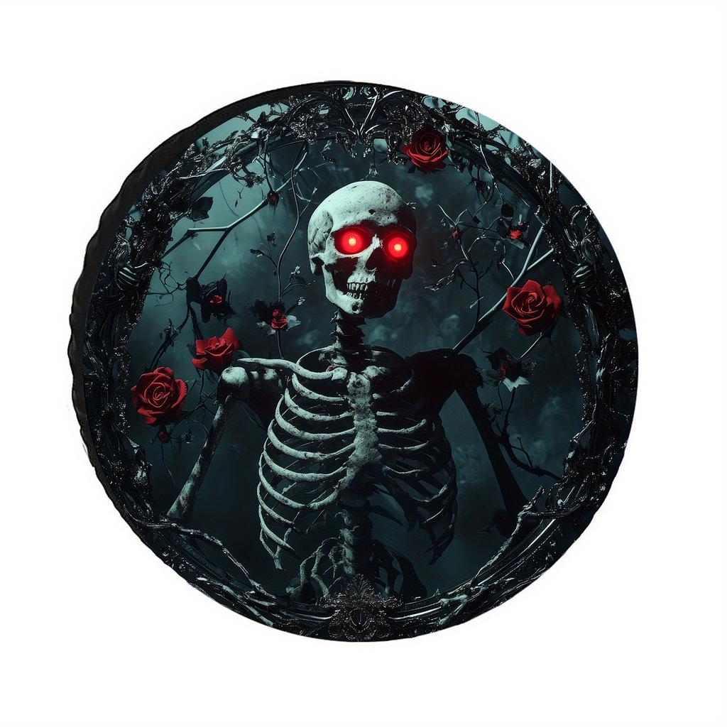 Rose Skull Tire Cover - Gothic Skeleton & Red Roses Design, Durable Polyester UV-Resistant Fit For 71.12-86.36 Cm Tires, Easy In