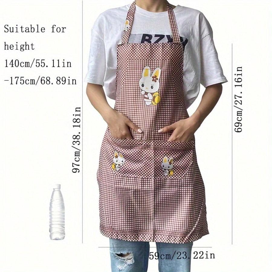 Checkered Bunny Apron - Brown Cartoon Pattern Kitchen Apron, Lightweight Breathable Sweat-Absorbent  Suitable for Baking BBQ Cleaning Housework