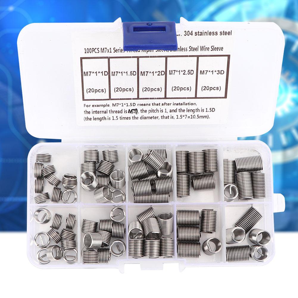 100pcs M7 *1 Coiled Wire Thread Repair Insert Stainless Steel Thread Screws Sleeve Set